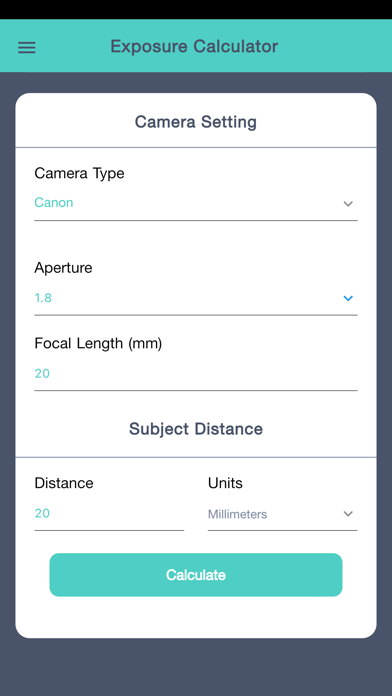 Cam Exposure Calculator Screenshot
