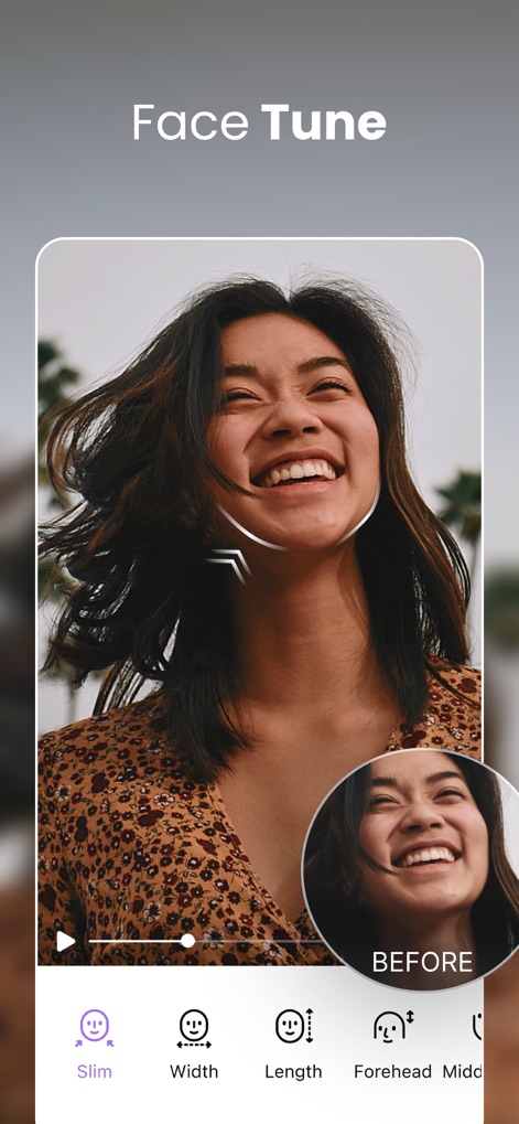 AirVid-AI Quality Enhancer Pro - Nutzer können hier die Gesichtskonturen präzise anpassen und durch Funktionen wie 'Slim' und 'Width' perfekte Proportionen für ein harmonisches Aussehen in ihren Videos erzielen.