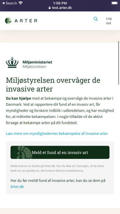 Arter - Indberetning Screenshot