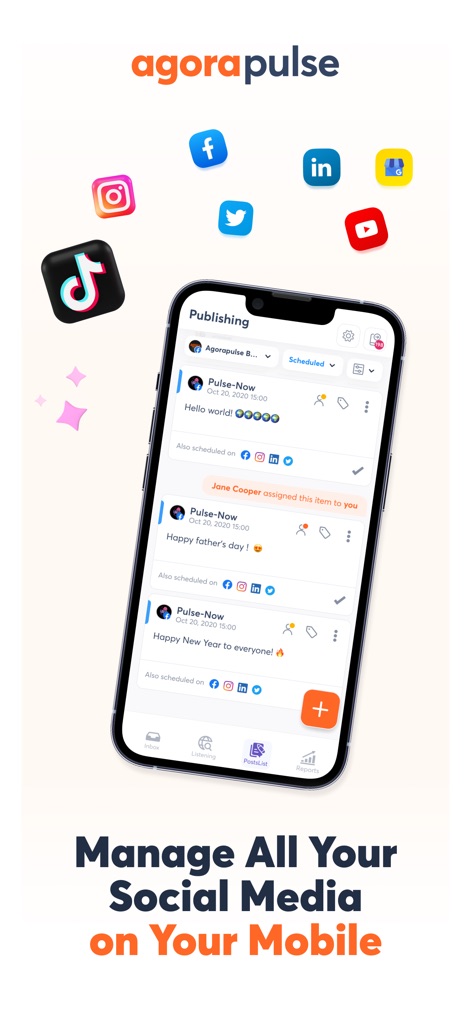 Agorapulse Companion App - 이 앱은 사용자가 다양한 소셜 미디어 채널의 예약된 게시물 목록을 확인하고, 각 게시물의 상태 및 할당자를 명확하게 파악할 수 있도록 합니다.
