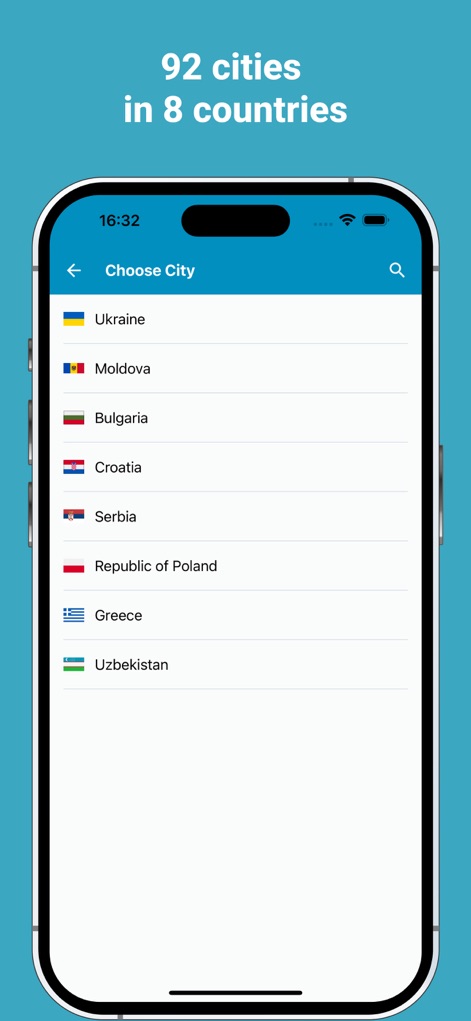 Eway public transport - 이 앱은 우크라이나와 몰도바를 포함한 다양한 국가의 여러 도시에서 이용 가능하며, 각 국가의 국기와 도시 목록을 통해 지원 범위를 보여줍니다.