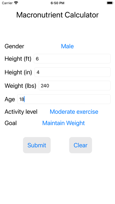 Brege Macronutrient Calculator Screenshot
