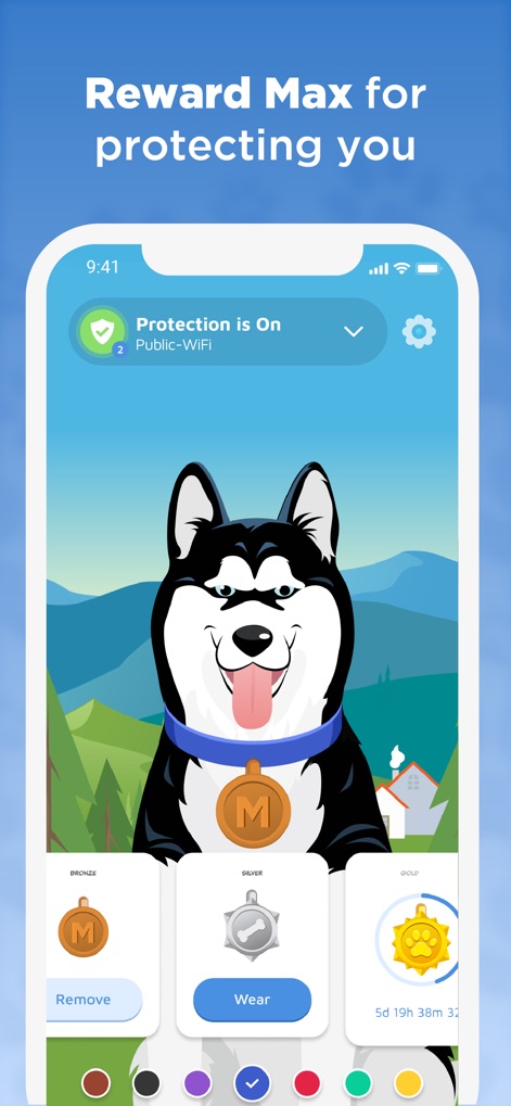 Phone Guardian Safe Mobile VPN - The app showcases Max the Husky proudly wearing a medal, illustrating the gamified reward system with various achievement medals like Bronze and Gold.