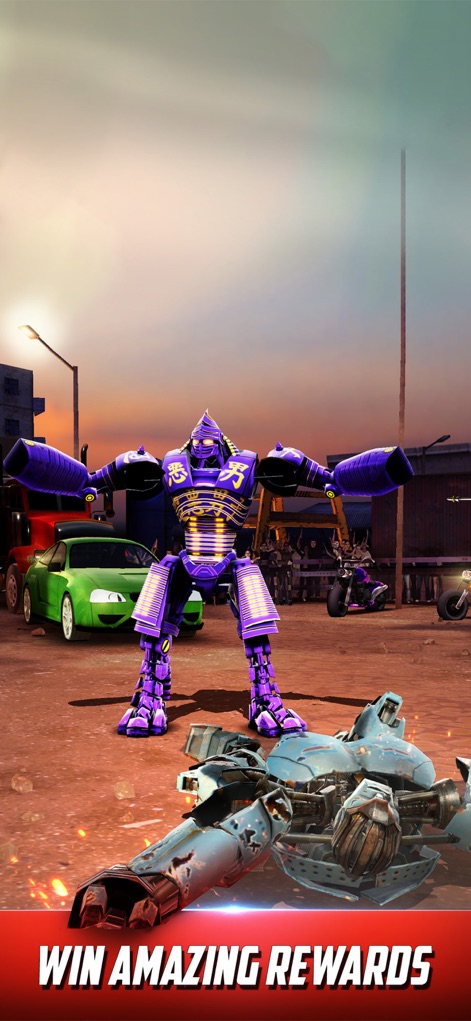 World Robot Boxing - Celebrate the outcome of battle with the triumphant robot standing over its defeated opponent and anticipate the Amazing Rewards awaiting players.