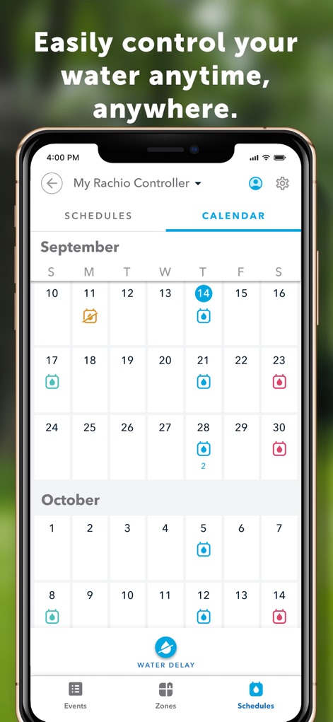 Rachio - The app's intuitive calendar interface allows for effortless visualization of scheduled watering days and offers a convenient "Water Delay" function.