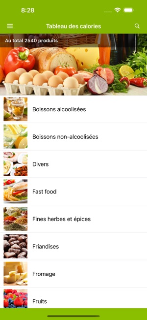 Tableau des calories dans l'App Store