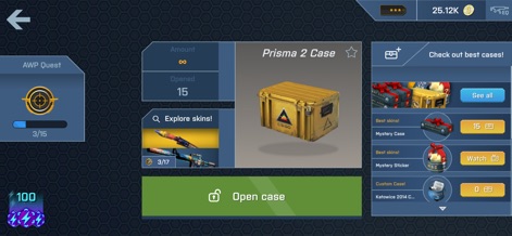 Case Opener - skins simulator - Diese Ansicht ermöglicht es Spielern, Kisten wie die Prisma 2 Case auszuwählen und Details zur Anzahl der bereits geöffneten Kisten sowie zur Skin-Sammlung einzusehen.