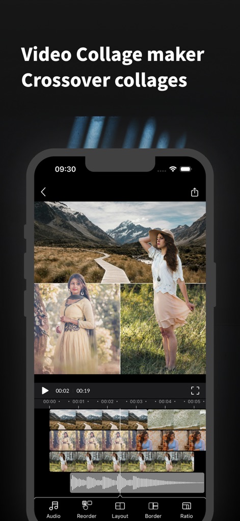 Slideshow Maker & Music Video - Discover powerful video collage capabilities with a multi-panel collage display and a detailed video timeline for precise editing.