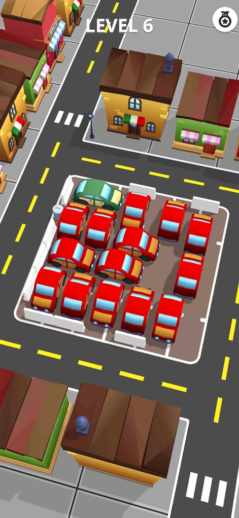 Car Parking Jam: Escape Spot - Observe 'LEVEL 6' which illustrates a highly congested parking lot, emphasizing the dense arrangement of red cars that players must navigate to escape.