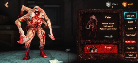 Mimicry: Multiplayer Horror - Esta captura expone la variedad de criaturas disponibles, mostrando un diseño horripilante del monstruo "Celer" con sus detalladas estadísticas de ataque y velocidad, fundamental para la estrategia del jugador.