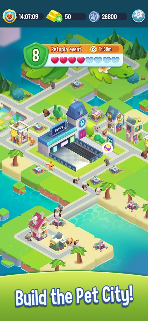 Pet Rescue Saga - Este visual revela um recurso de progressão envolvente, permitindo aos usuários construir uma cidade isométrica personalizada para seus pets, com a adição de eventos como o "Petopia event" para maior interação.