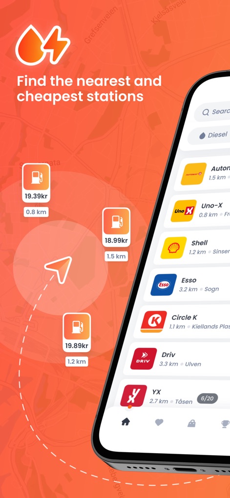 DrivstoffAppen - Les utilisateurs peuvent facilement repérer les stations de carburant les plus proches et les moins chères grâce à l'affichage cartographique interactif et aux indicateurs de prix et de distance précis.