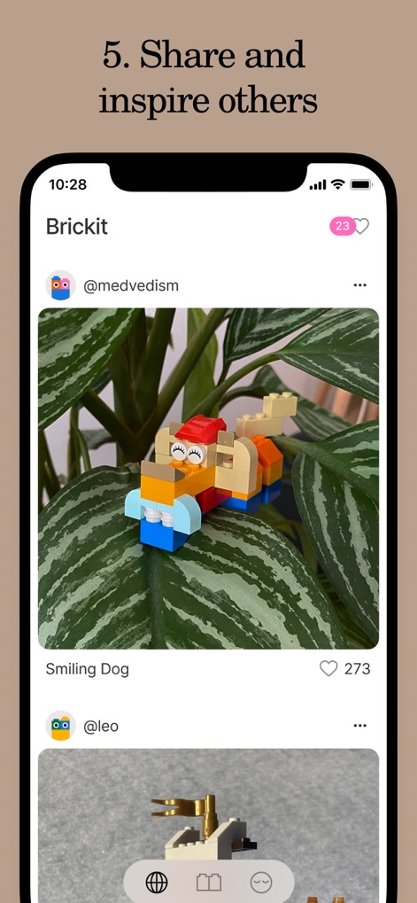 Brickit App - Explore a vibrant social feed where users can share their finished creations, such as the "Smiling Dog", and engage with other builders.