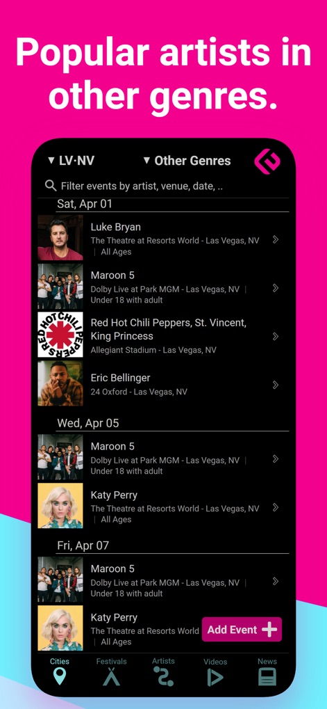 Edmtrain Concerts & Raves - Beyond EDM, the app expands event discovery to include popular artists from diverse genres, showcasing a comprehensive listing of concerts and filterable categories for broader appeal.