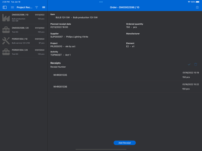 Infor LN Project Receipts