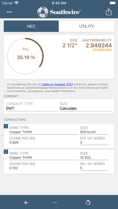 Southwire® Conduit Fill Calc Screenshot