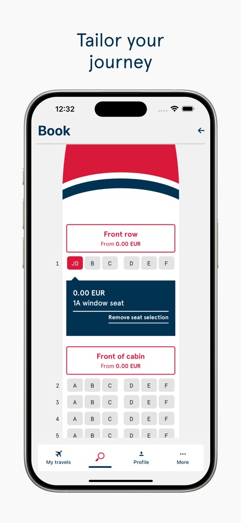 Norwegian Travel Assistant - Gli utenti possono personalizzare la loro esperienza di volo selezionando il posto desiderato tramite la chiara rappresentazione della "Front row" e l'opzione di visualizzare i dettagli del posto come il "1A window seat".