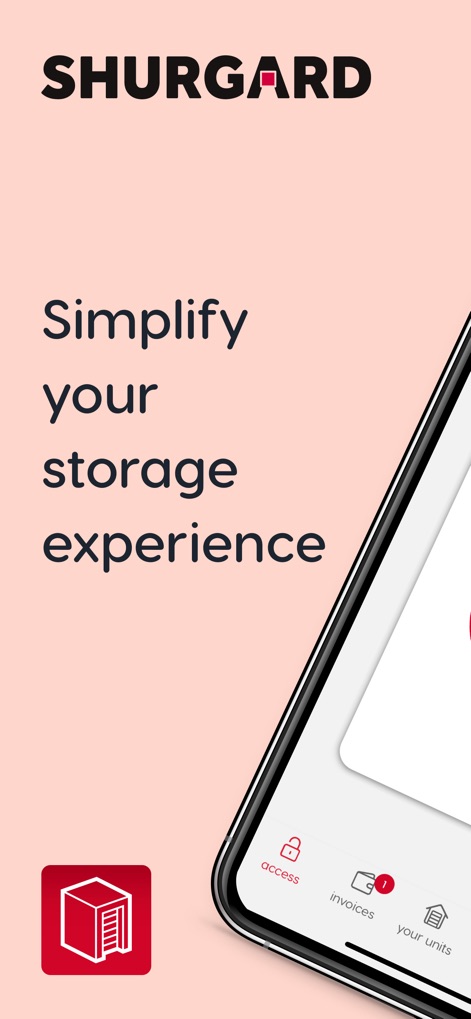 Shurgard - La aplicación presenta una interfaz de usuario limpia, destacando la frase 'Simplify your storage experience' y una barra de navegación inferior con secciones clave como 'access' e 'invoices'.