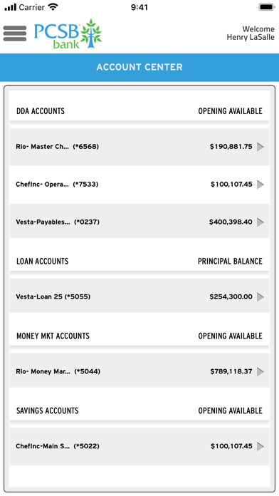 PCSB Bank Cash Management Screenshot