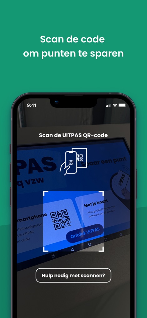 UiTPAS App - L'interfaccia di scansione dei codici QR, con l'indicazione "Scan de UiTPAS QR-code" e la cornice di scansione, semplifica l'accumulo di punti presso le attività.