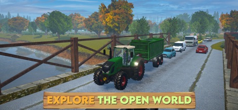 Farm Sim 2024 - L'app invita gli utenti a esplorare l'ampio mondo aperto, evidenziato dal trattore che attraversa un ponte panoramico e dal paesaggio diversificato con alberi e un fiume.