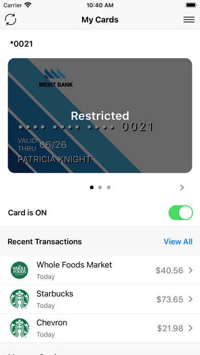 Merit Bank Debit Card Screenshot