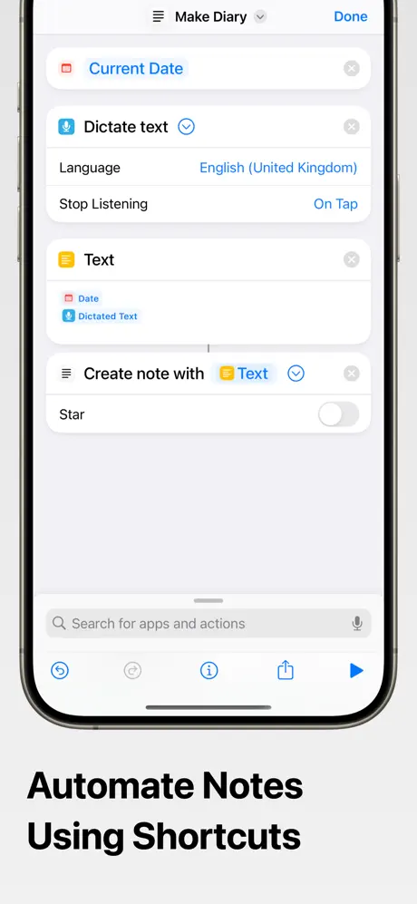 Shortcuts app, with actions to create a note from dictation
