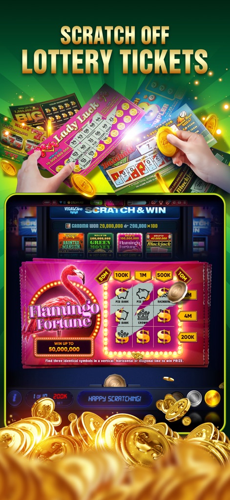Vegas Live Slots Casino - Players can enjoy instant gratification with scratch-off lottery tickets, as seen with hands actively scratching a "Lady Luck" card and the "Flamingo Fortune" game interface.