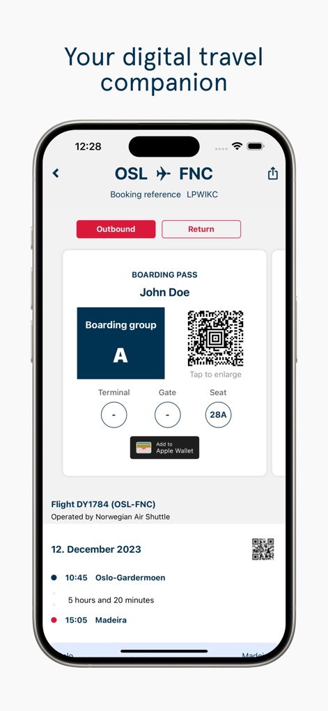 Norwegian Travel Assistant - L'app funge da compagno di viaggio digitale, mostrando la carta d'imbarco con il "QR code" e la comoda opzione "Add to Apple Wallet" per un accesso rapido al gate.