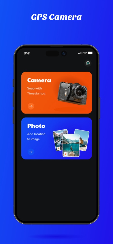 GPS Camera with Time Stamp - Die intuitive Startseite präsentiert zwei klare Optionen: 'Camera' für Aufnahmen mit Zeitstempeln und 'Photo' zum Hinzufügen von Standortdaten zu bereits vorhandenen Bildern, was die vielseitigen Funktionen der App demonstriert.