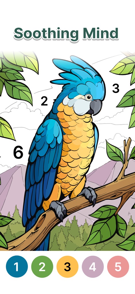 Anima Color - Color by Number - La aplicación fomenta una mente tranquila mediante el coloreado de aves exóticas, presentando zonas claramente numeradas y colores vibrantes.
