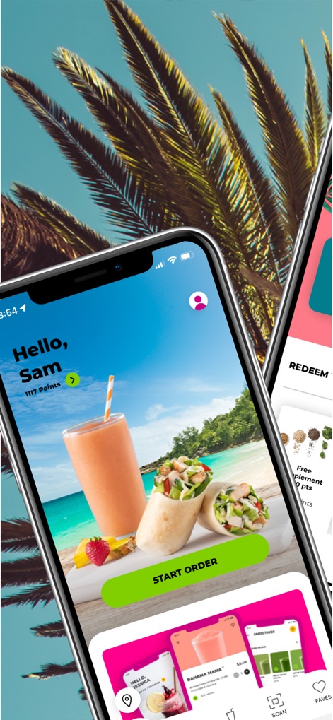 Tropical Smoothie Cafe - Experience a tailored welcome with a personalized greeting for the user, clearly displaying current reward points and a prominent 'Start Order' button for immediate action.