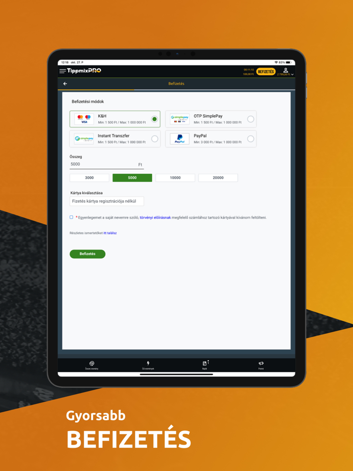 Tippmixpro app felület iPaden