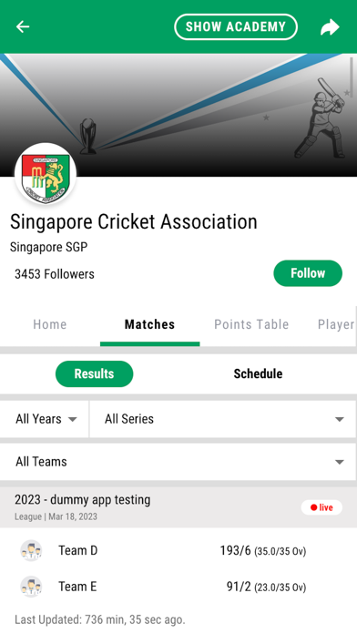 Singapore Cricket Association Screenshot