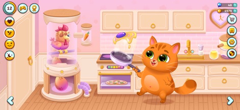 Bubbu 2 - My Pet Kingdom - This scene highlights nurturing activities, with Bubbu preparing an egg dish and Cocco comfortably settled within a pet hatchery, awaiting new alien friends.