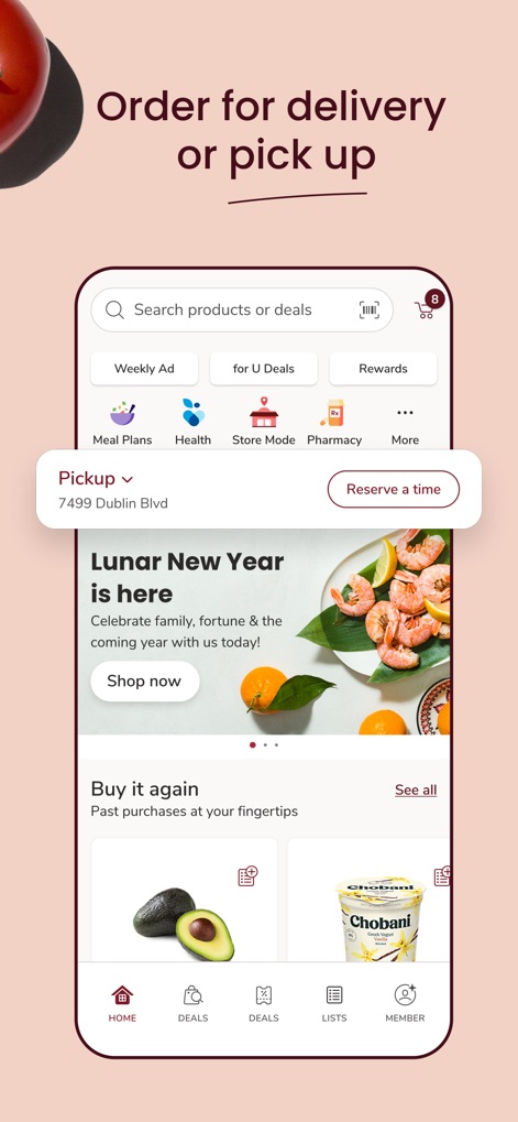 Safeway Deals & Delivery - ユーザーは、便利な「受取」または「配送」オプションから選択でき、指定された店舗住所と予約可能な時間枠が明確に表示されます。