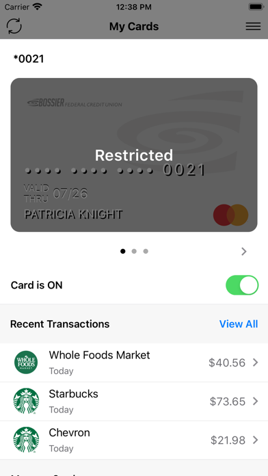 Bossier Federal Card Control Screenshot
