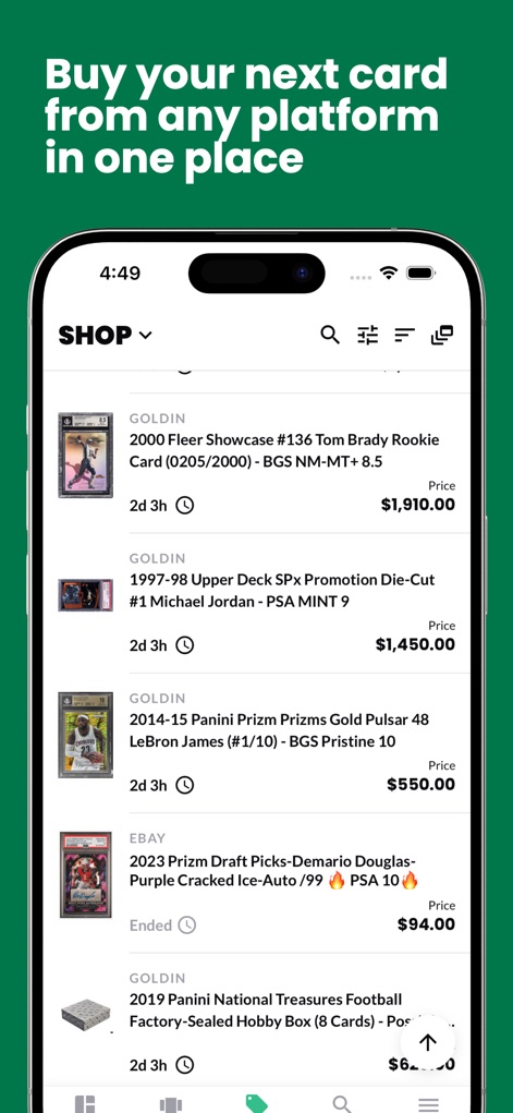 Card Ladder - Users can seamlessly browse and discover new cards through an integrated marketplace that aggregates listings from platforms like Goldin and eBay, displaying current prices and availability.