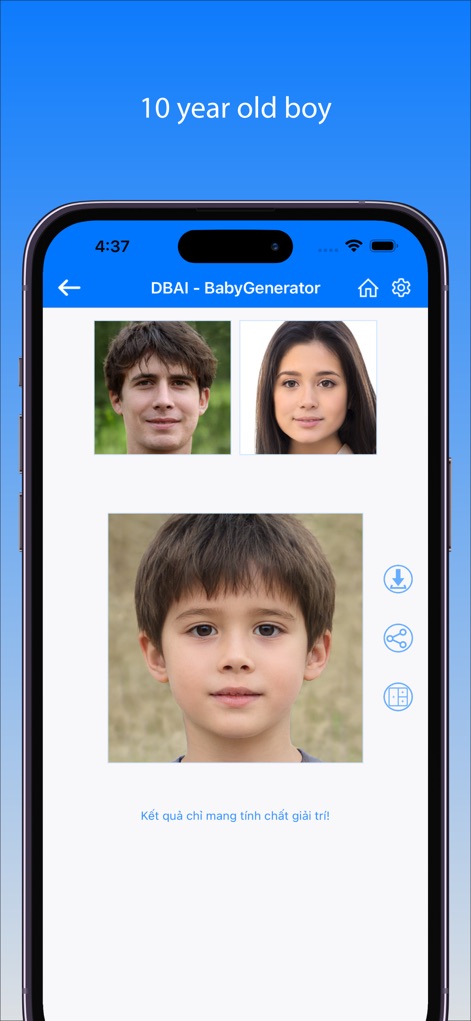 BabyGenerator Guess baby face - Observe the app's ability to predict a child's appearance at different ages, like this 10-year-old boy, alongside sharing and saving options.