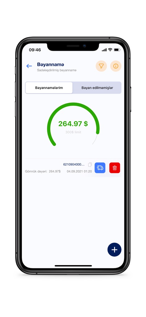 Smart Customs - This screen showcases the declaration overview, allowing users to track their declaration limit with a clear circular progress indicator and manage individual declaration items.