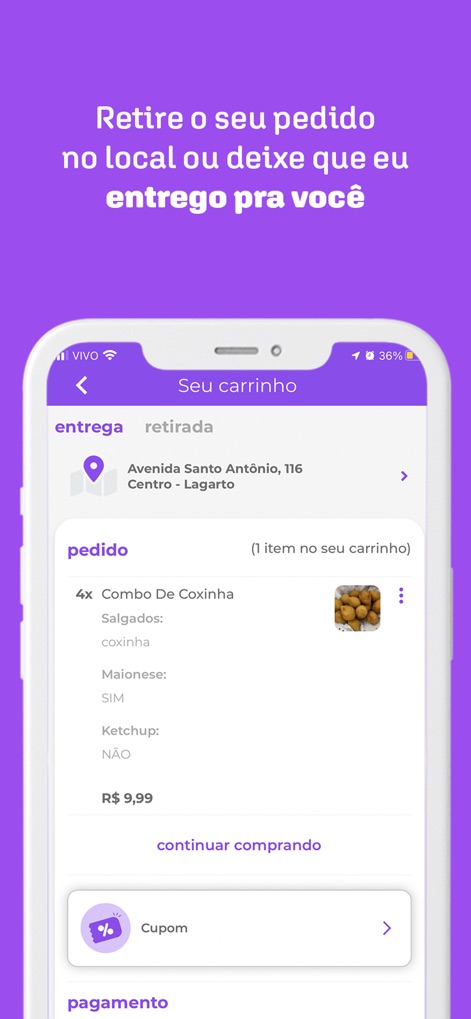 Quero Delivery - Die App bietet flexible Lieferoptionen wie Abholung oder Zustellung und eine übersichtliche Bestellübersicht, die alle Artikel und Preise transparent darstellt.