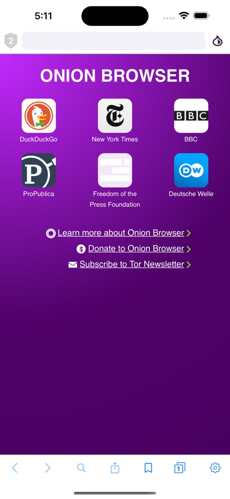 Onion Browser - La interfaz principal permite el acceso directo a fuentes de información clave, mostrando una cuadrícula de íconos como 'DuckDuckGo' y 'The New York Times' sobre un distintivo fondo púrpura.