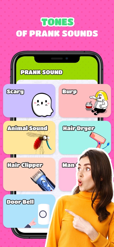Prank App, Voice Changer - This tool offers a diverse collection of prank sounds, clearly categorizing options like 'Scary' and 'Animal Sound' for easy selection.