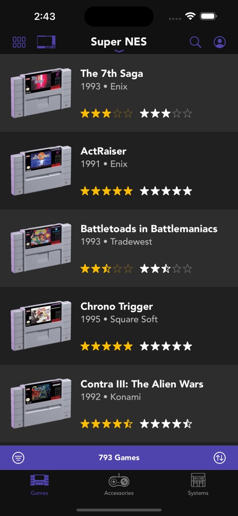 Ultimate Game Guide - Esta interface fornece uma visão organizada dos jogos Super NES, exibindo as imagens autênticas dos cartuchos e as avaliações por estrelas, para que os entusiastas possam discernir a qualidade dos títulos.