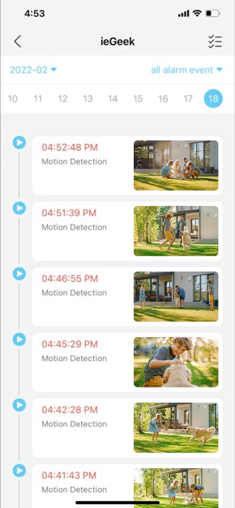 ieGeek Cam - Users can review recorded motion detection events through a clear chronological timeline, providing specific timestamps and visual previews of each alert.