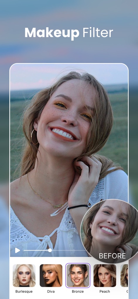 AirVid-AI Quality Enhancer Pro - Dieses Bild veranschaulicht die Anwendung beeindruckender Make-up-Filter, die das natürliche Aussehen der Person vor dem Filter in eine gestylte Erscheinung verwandeln, um Videos aufzuwerten.