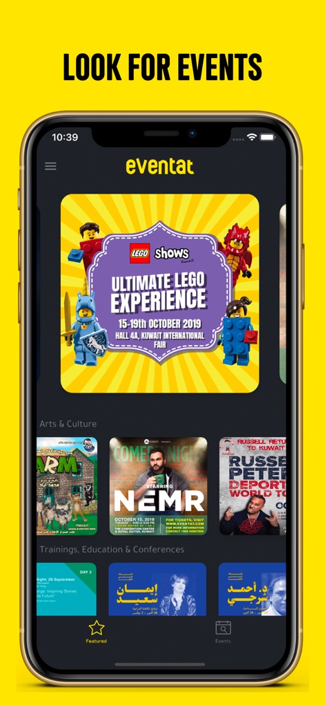 Eventat - L'application affiche un catalogue complet d'événements, avec une catégorisation claire comme 'Arts & Culture' et des vignettes d'événements attrayantes pour une navigation intuitive.