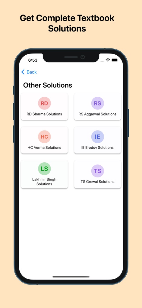 Ncert Books & Solutions - The app extends support with solutions from renowned authors like RD Sharma and HC Verma, each clearly presented with an initial-based icon.