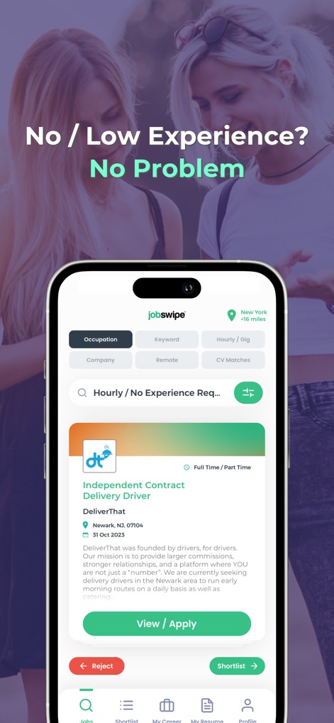 JobSwipe - Get a Better Job - This tool highlights roles with 'Hourly / No Experience Req...' filters, presenting accessible job cards like the 'Independent Contract Delivery Driver' position for easy discovery.