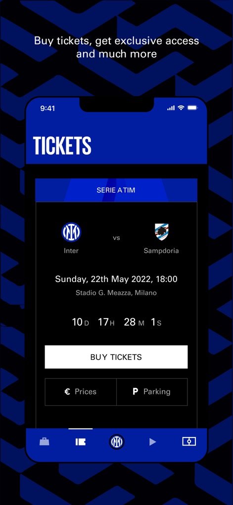 Inter Official App - A tela de ingressos oferece uma visão clara dos detalhes do jogo, incluindo Inter vs Sampdoria com data e hora, e um botão 'COMPRAR INGRESSOS' juntamente com opções como 'Preços' e 'Estacionamento'.